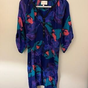 Vintage 80’s Yumi Kim 100% Silk Blue Teal Purple Floral V-Neck Mini-dress Tunic
